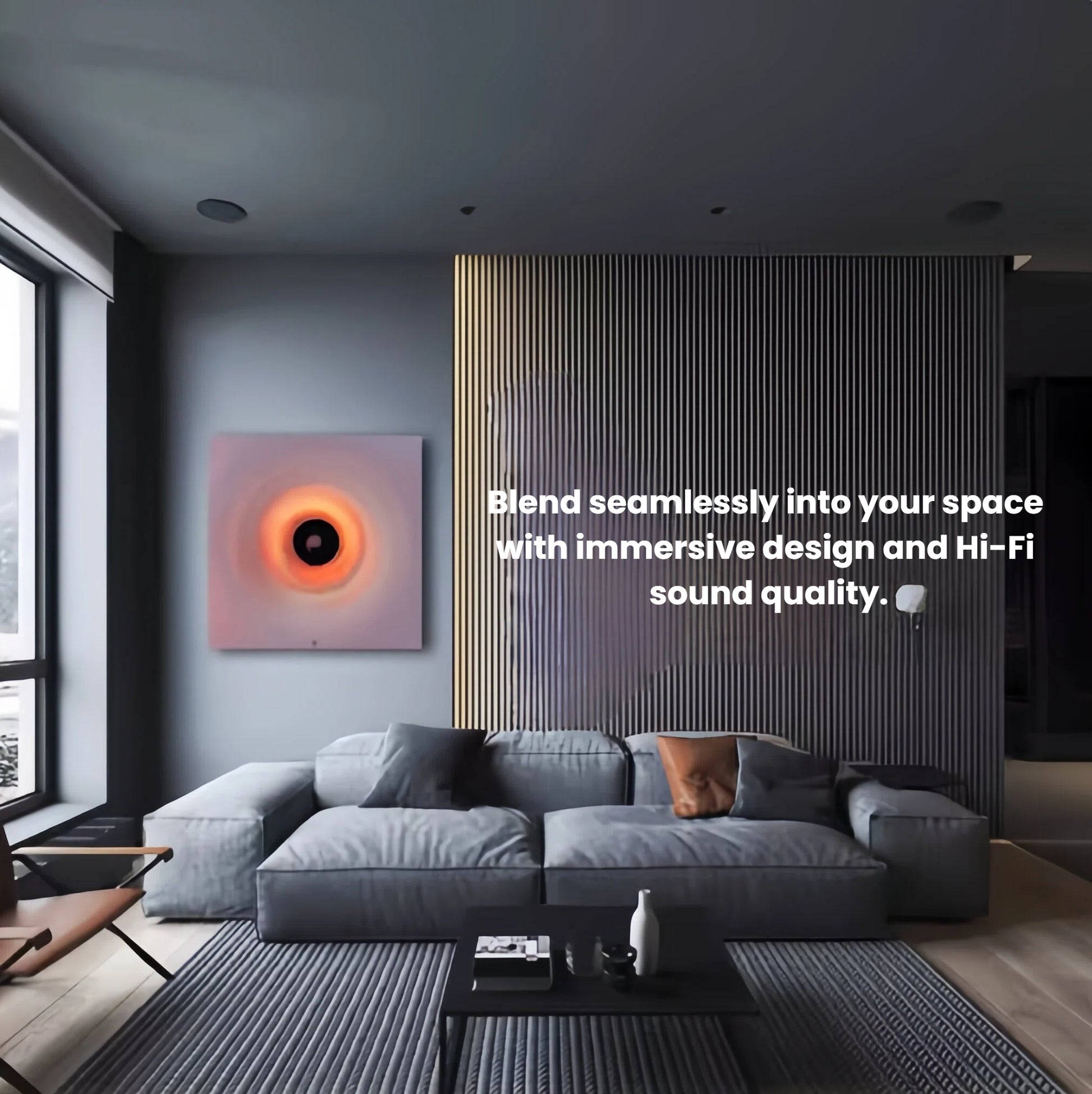 A stylish, contemporary living room showcasing how the Bose Virtually Invisible 791 II in-ceiling speakers blend seamlessly into the decor, providing high-fidelity sound without visual clutter.