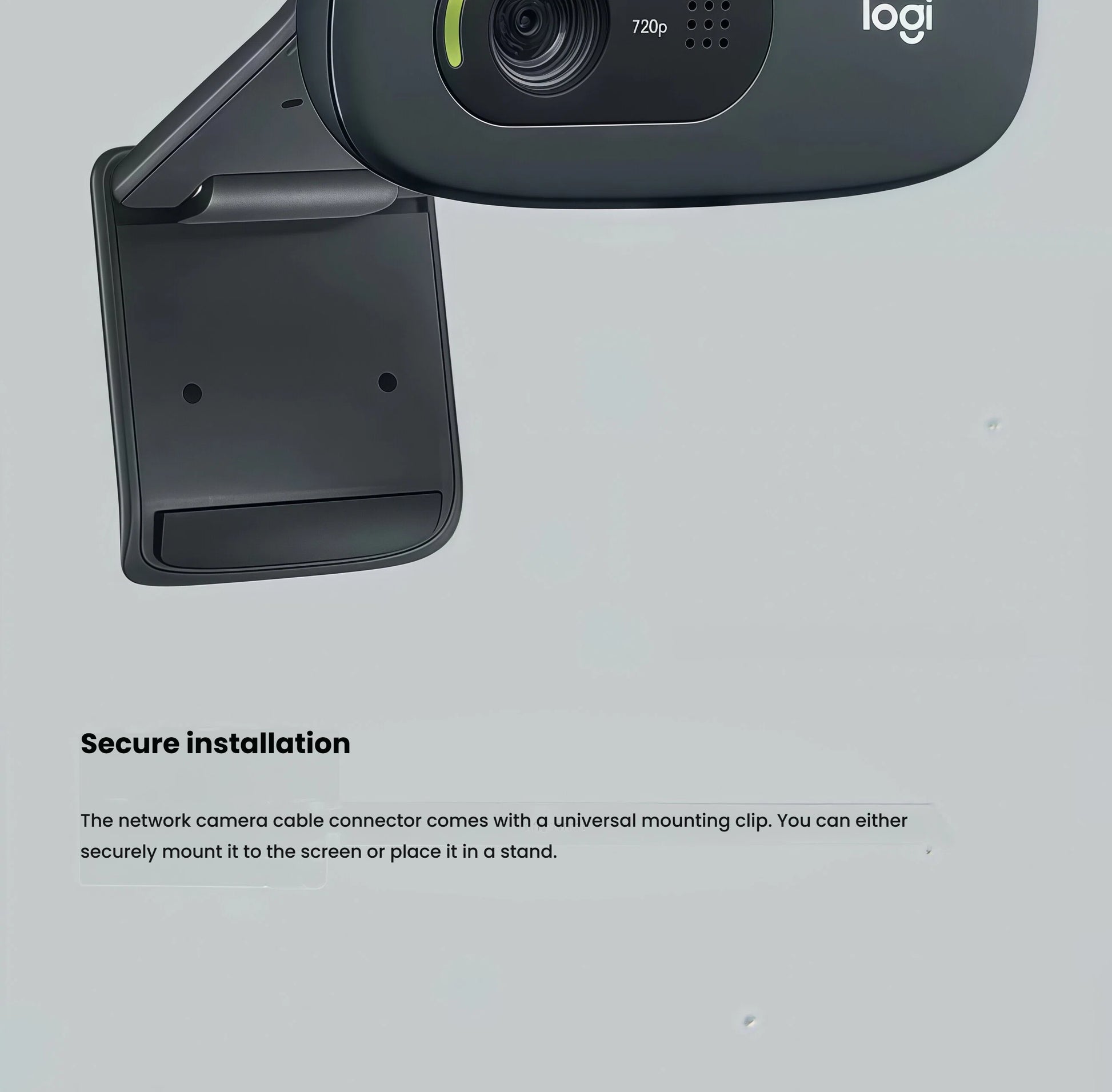 Close-up of the C270’s adjustable mounting clip attached to a monitor, highlighting its secure, tool-free installation.