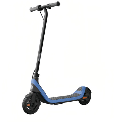 A studio product shot of the Segway C2 Lite electric scooter for kids in a vibrant blue and black color scheme, viewed from a three-quarter angle.