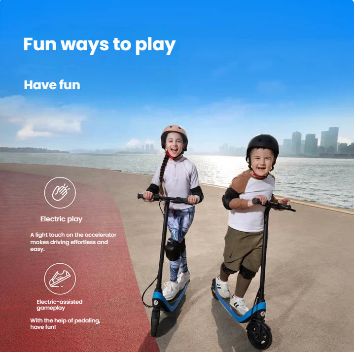 Two smiling children having fun together on their Segway C2 Lite electric scooters, highlighting the scooter's easy electric play and electric-assisted gameplay modes.