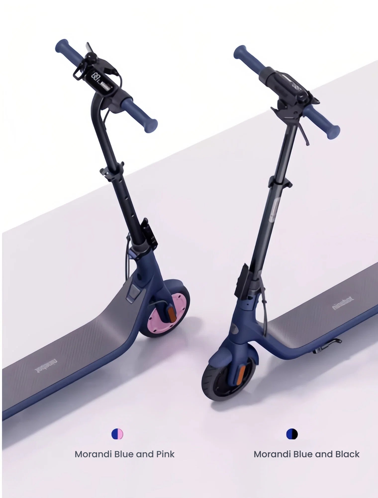 The Segway C2 Pro kids' electric scooter shown in its two stylish color options: Morandi Blue and Pink, and Morandi Blue and Black.