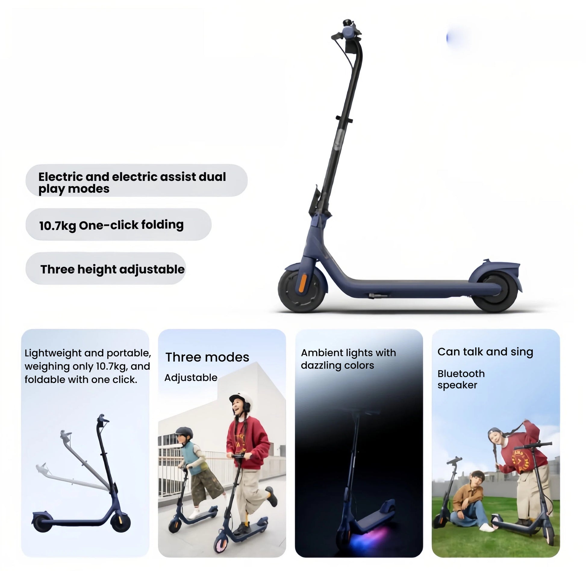 An overview of the key features of the Segway C2 Pro kids' scooter, including its dual play modes, one-click folding, three adjustable heights, ambient lights, and built-in Bluetooth speaker.