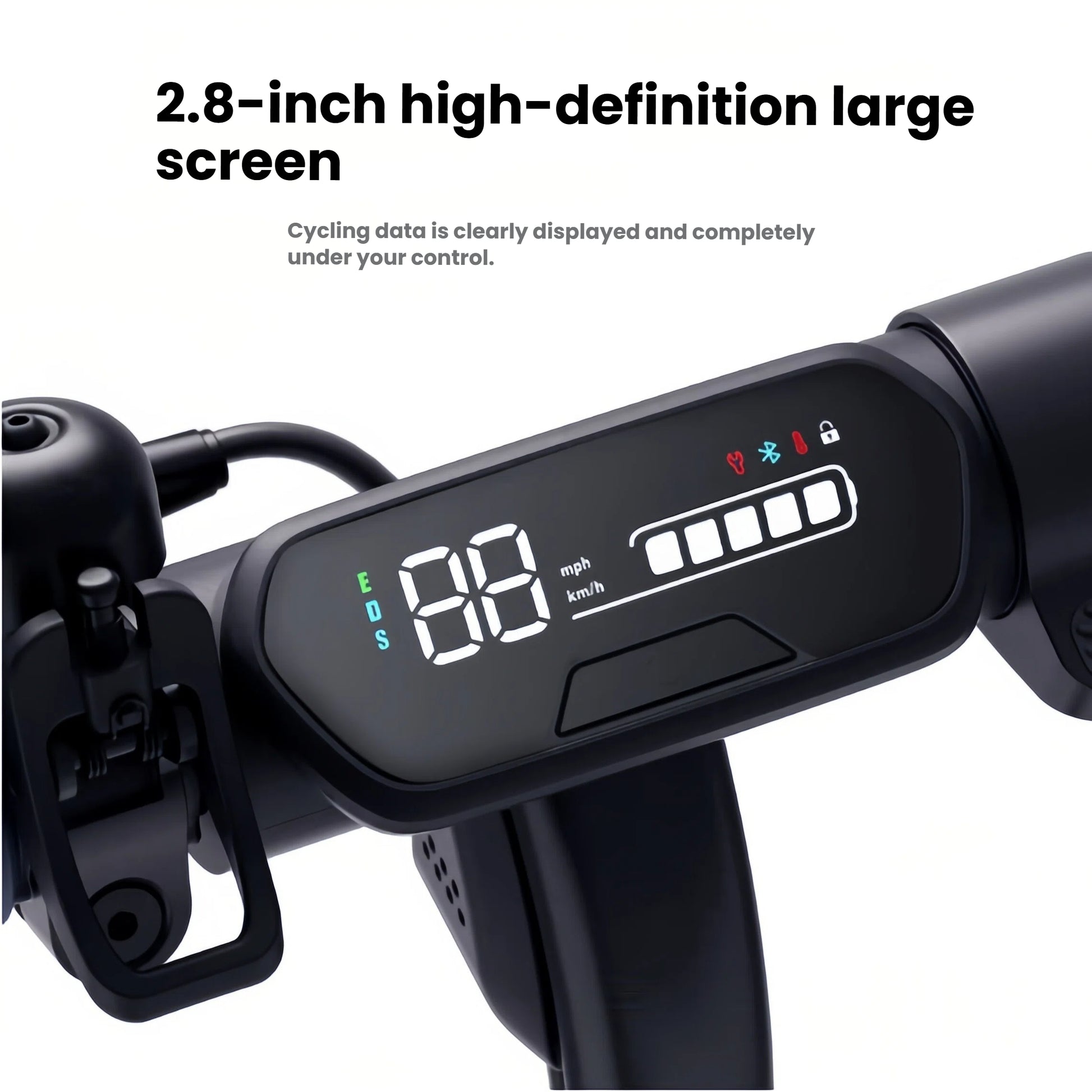 A close-up of the large 2.8-inch high-definition screen on the Segway C2 Pro, clearly displaying cycling data such as speed, mode, and battery level.