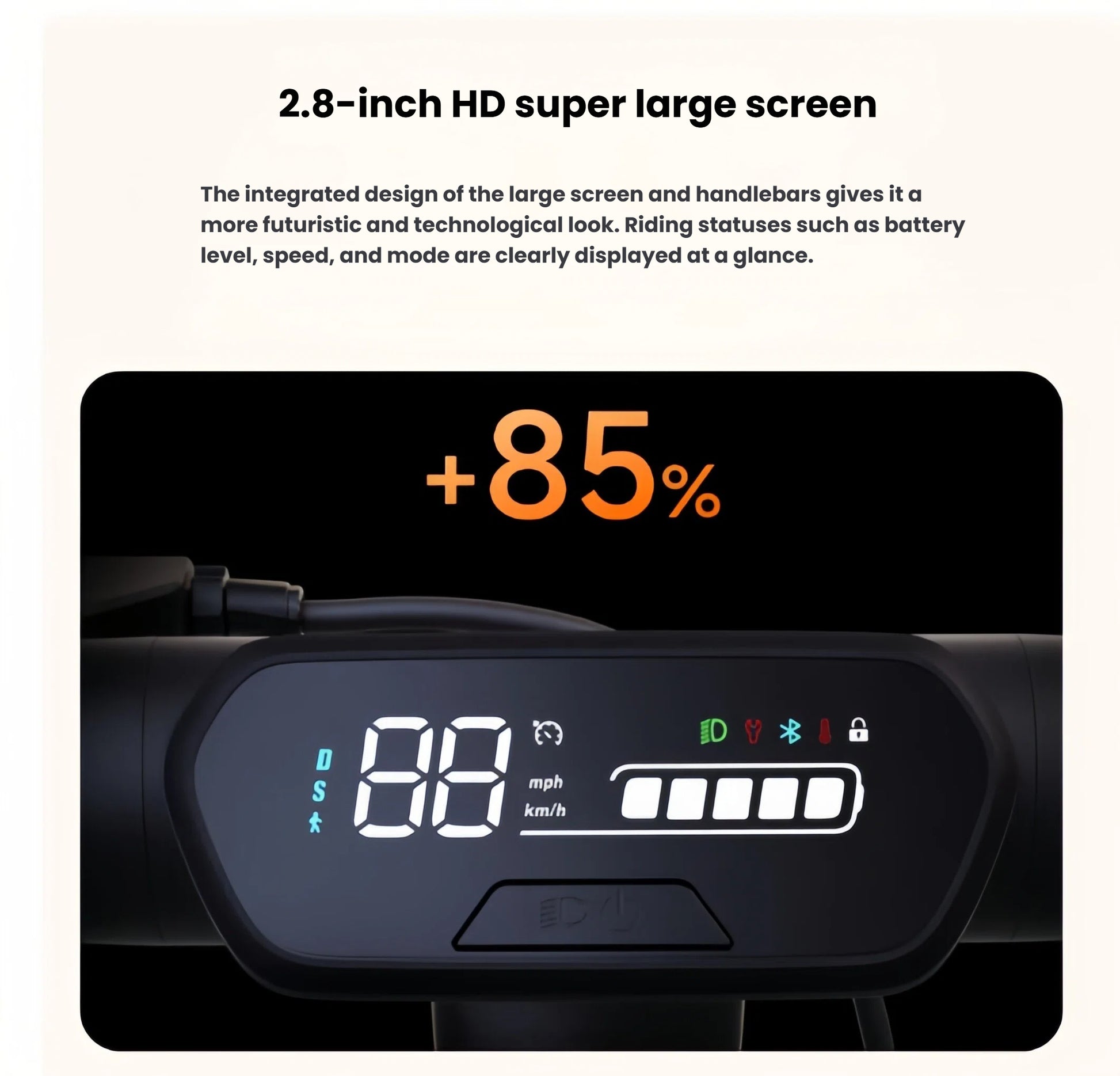 A close-up of the futuristic 2.8-inch super large HD screen on the Segway E2, clearly displaying riding status including speed, mode, and battery level