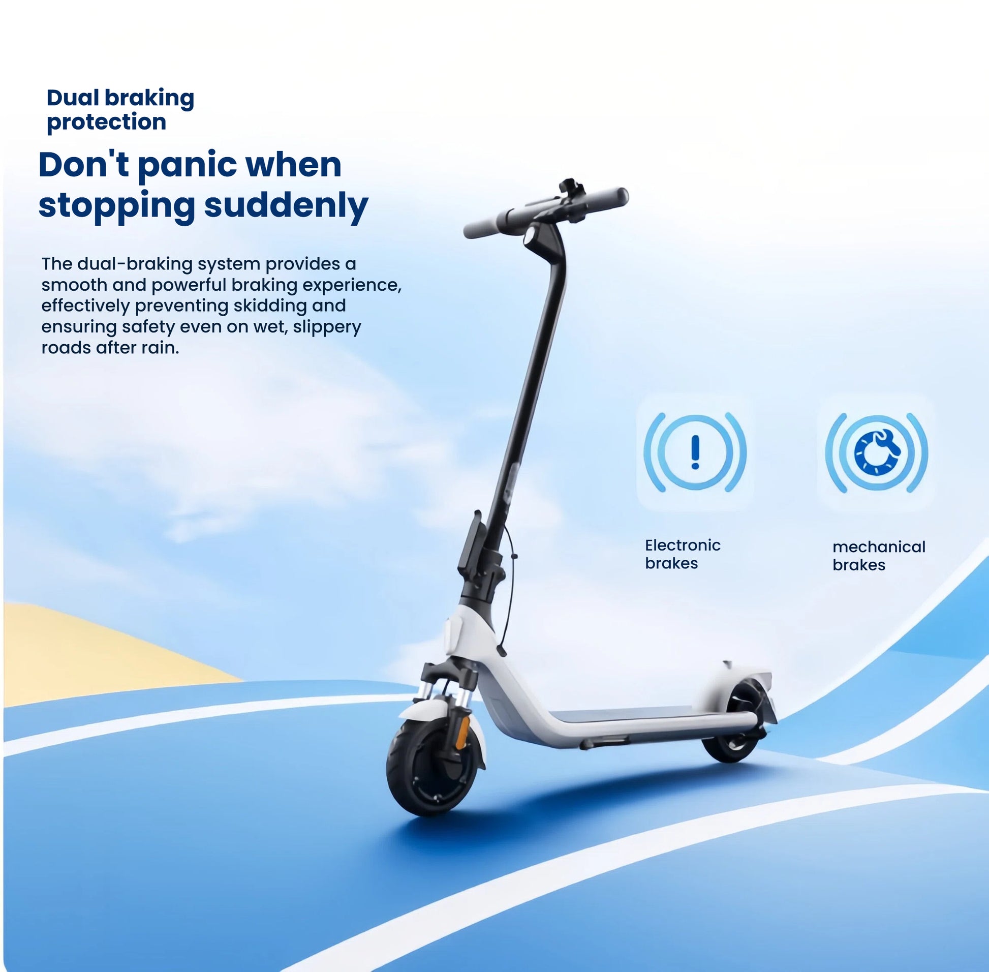 A diagram explaining the dual braking protection on the Segway E2 Plus, which combines electronic and mechanical brakes for a smooth and powerful stopping experience.