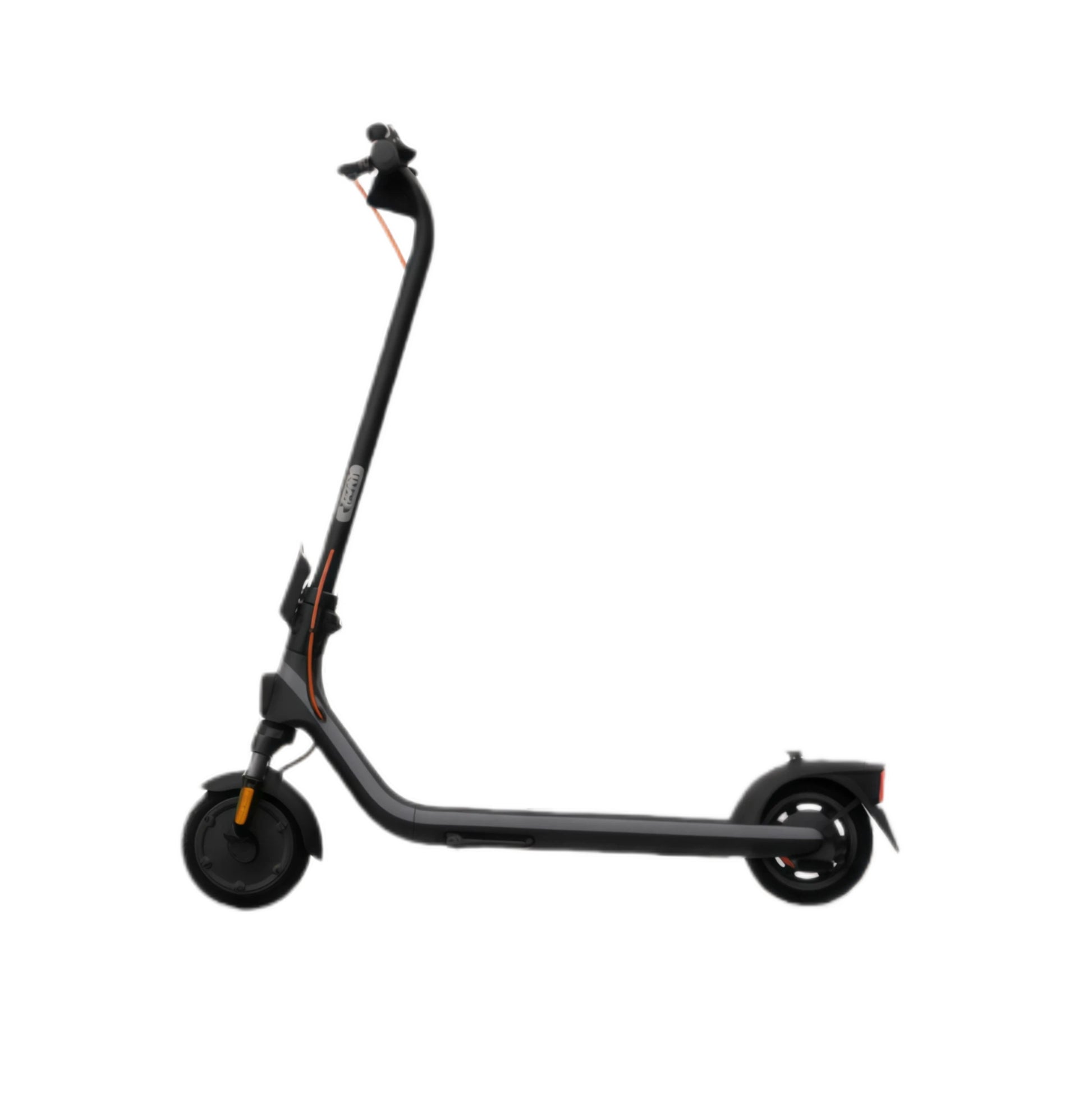 A sleek side profile of the Segway E2 Plus electric KickScooter in a stylish matte black finish with orange accents, isolated on a white background.
