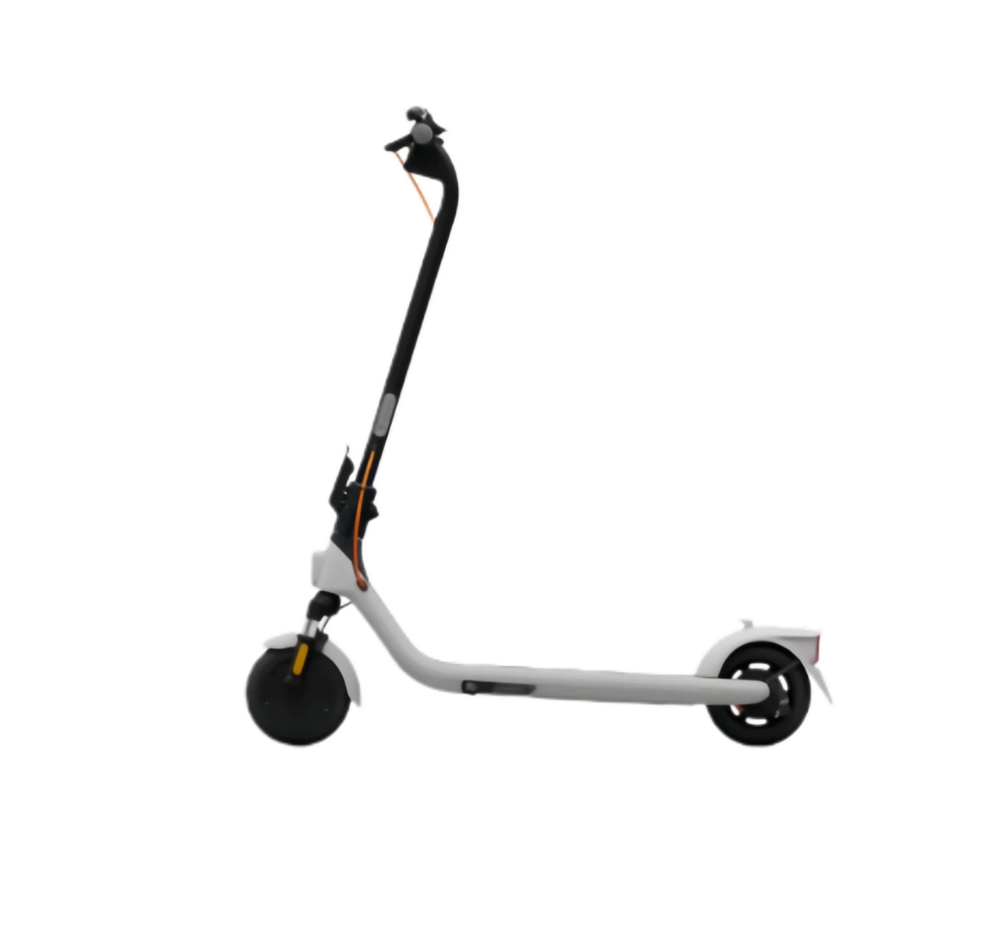 A clean side profile of the Segway E2 Plus electric KickScooter in a modern white finish with orange accents, isolated on a white background.