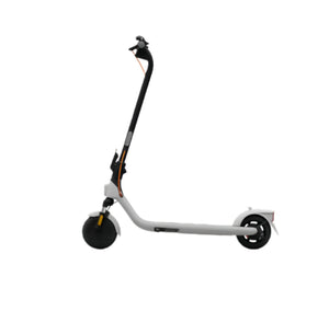 A clean side profile of the Segway E2 Plus electric KickScooter in a modern white finish with orange accents, isolated on a white background.