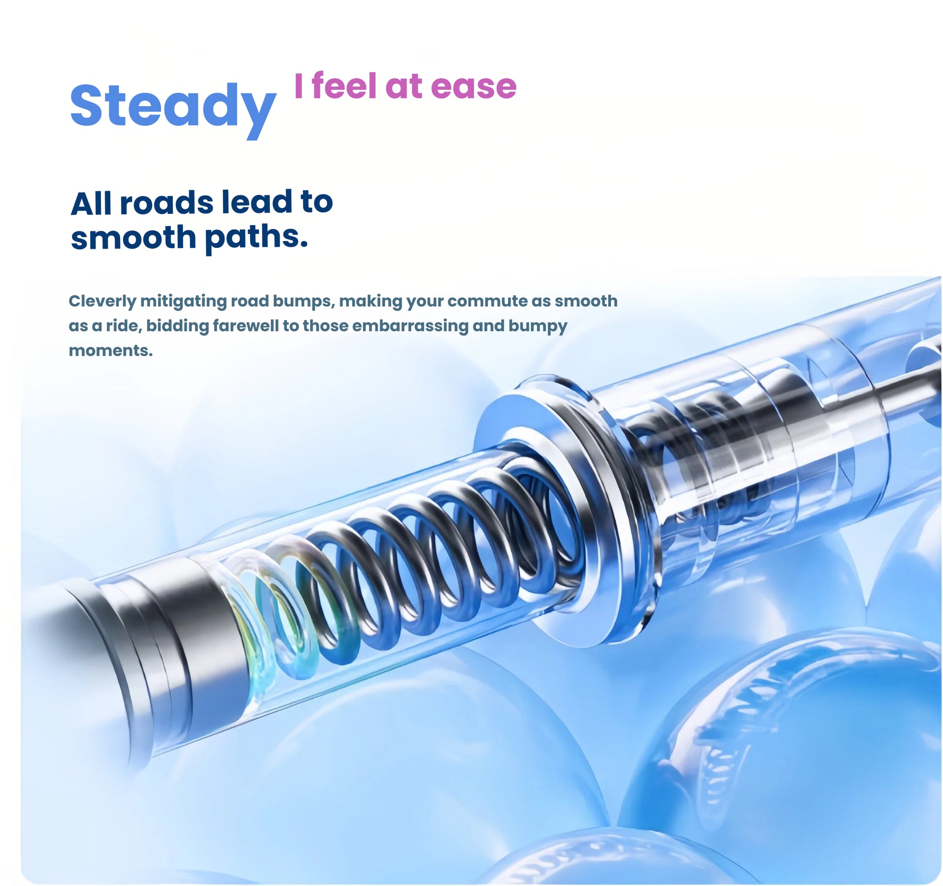 A detailed, cross-section view of the Segway E2 Plus's twin-tube front shock absorber, illustrating how it provides a steady and smooth ride by mitigating road bumps.