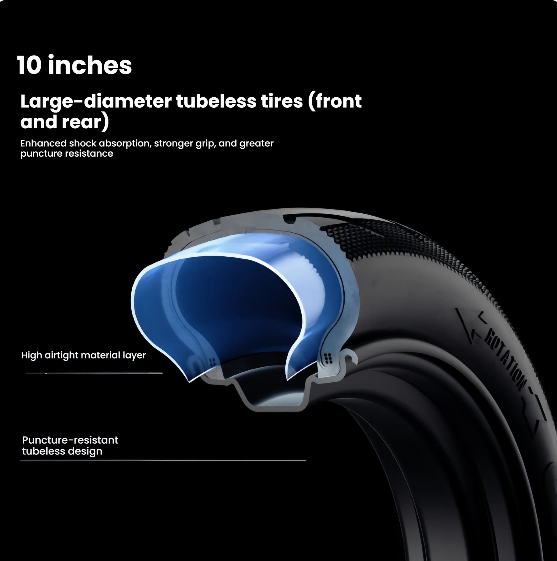 A cross-section of the Segway E2 Pro's large-diameter 10-inch tubeless tire, showing its puncture-resistant design and airtight material for enhanced shock absorption and grip.