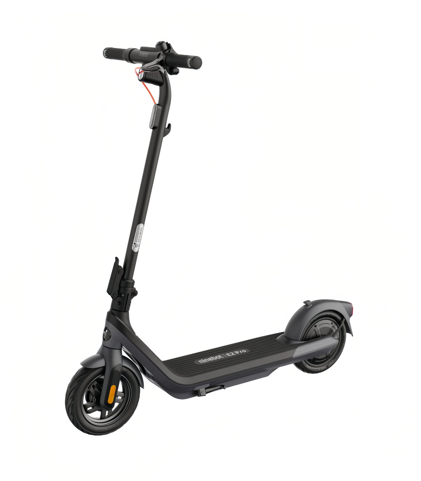 A three-quarter profile view of the stylish Segway E2 Pro electric KickScooter in black, isolated on a white background.