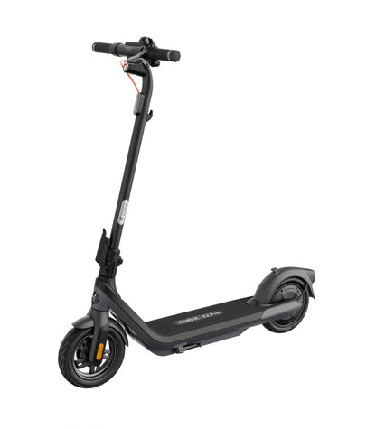 A three-quarter profile view of the stylish Segway E2 Pro electric KickScooter in black, isolated on a white background.