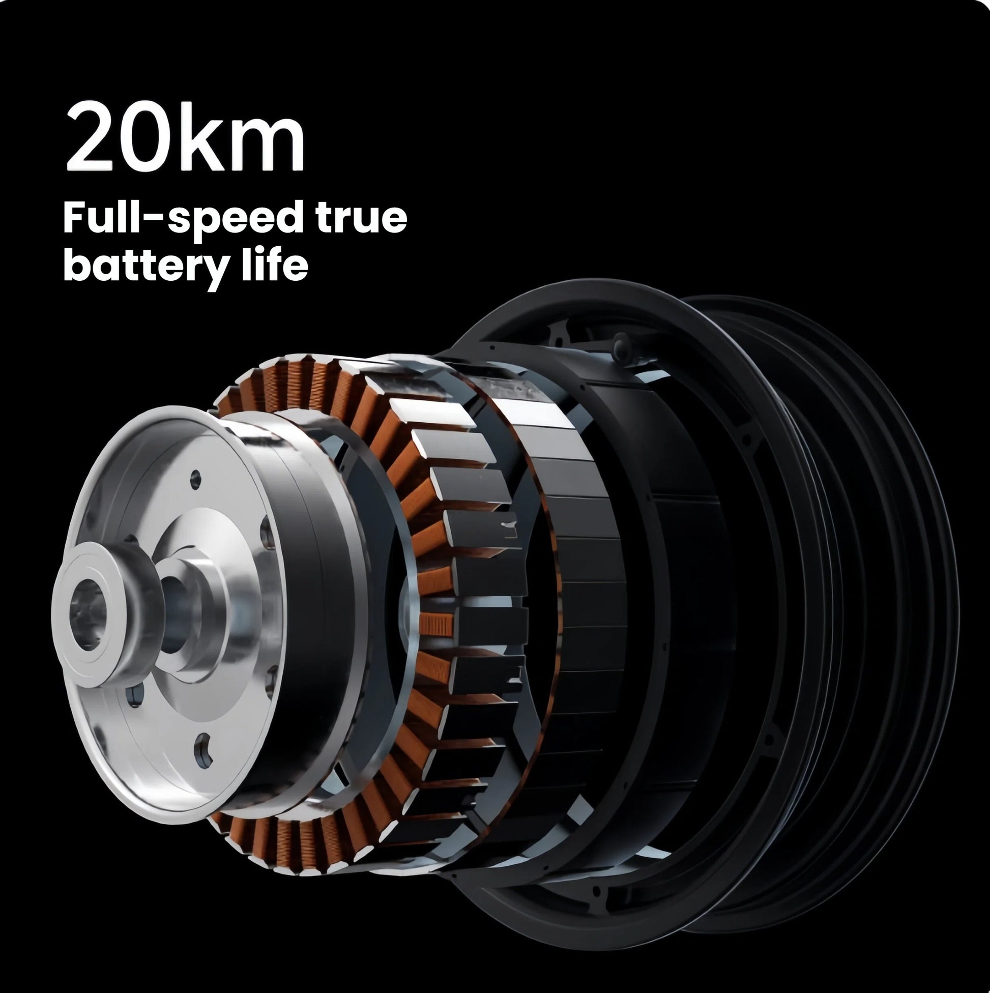 An exploded view of the powerful brushless motor in the Segway E2 Pro, highlighting the technology that delivers a 20km full-speed true battery life.