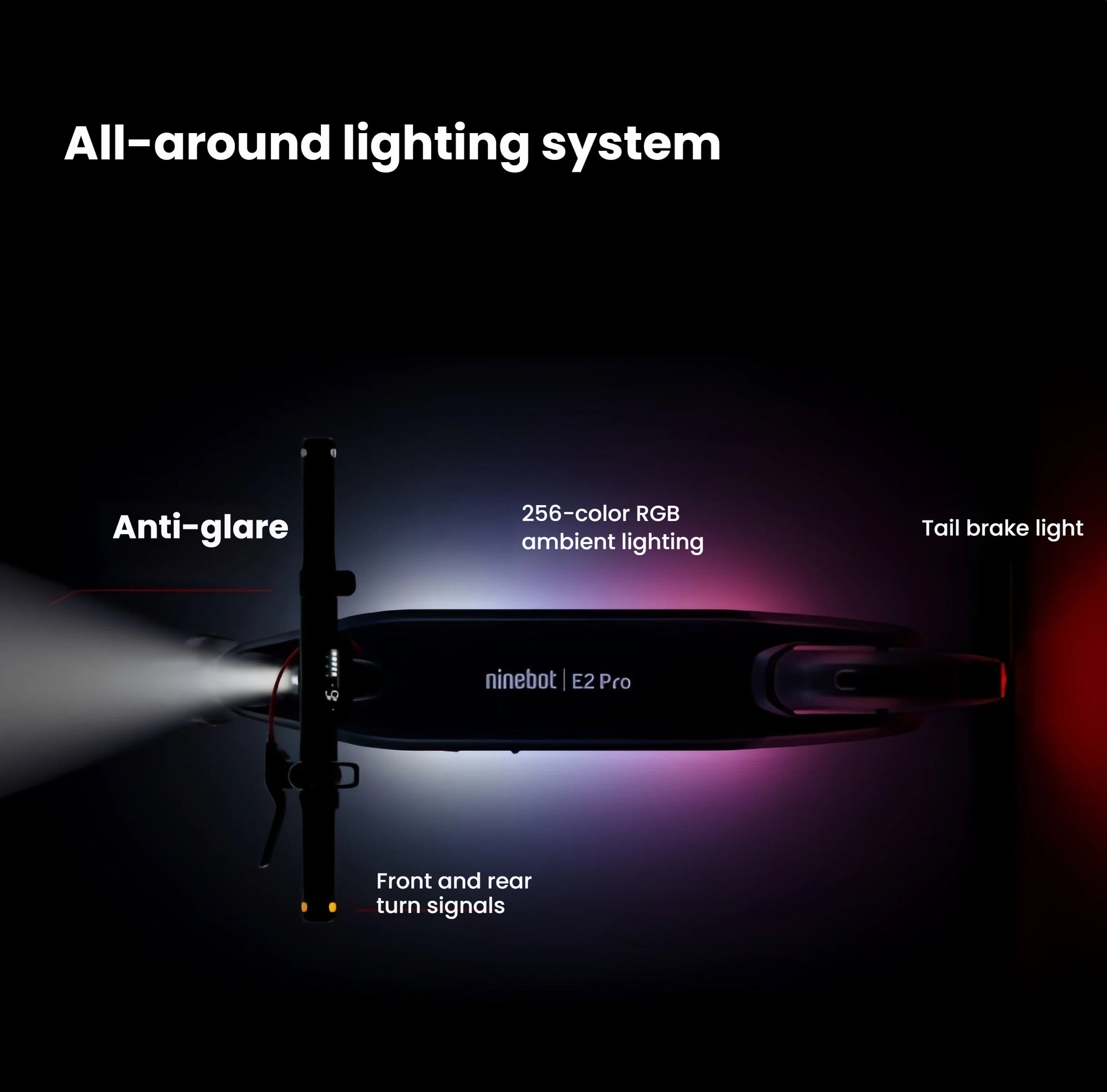 The comprehensive all-around lighting system of the Segway E2 Pro, showcasing the anti-glare headlight, customizable RGB ambient lighting, tail brake light, and integrated turn signals for maximum visibility.