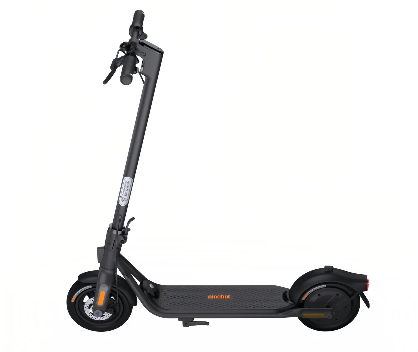 A full side view of the Segway F2 electric KickScooter, showcasing its sleek black frame, orange accents, and integrated safety reflectors.