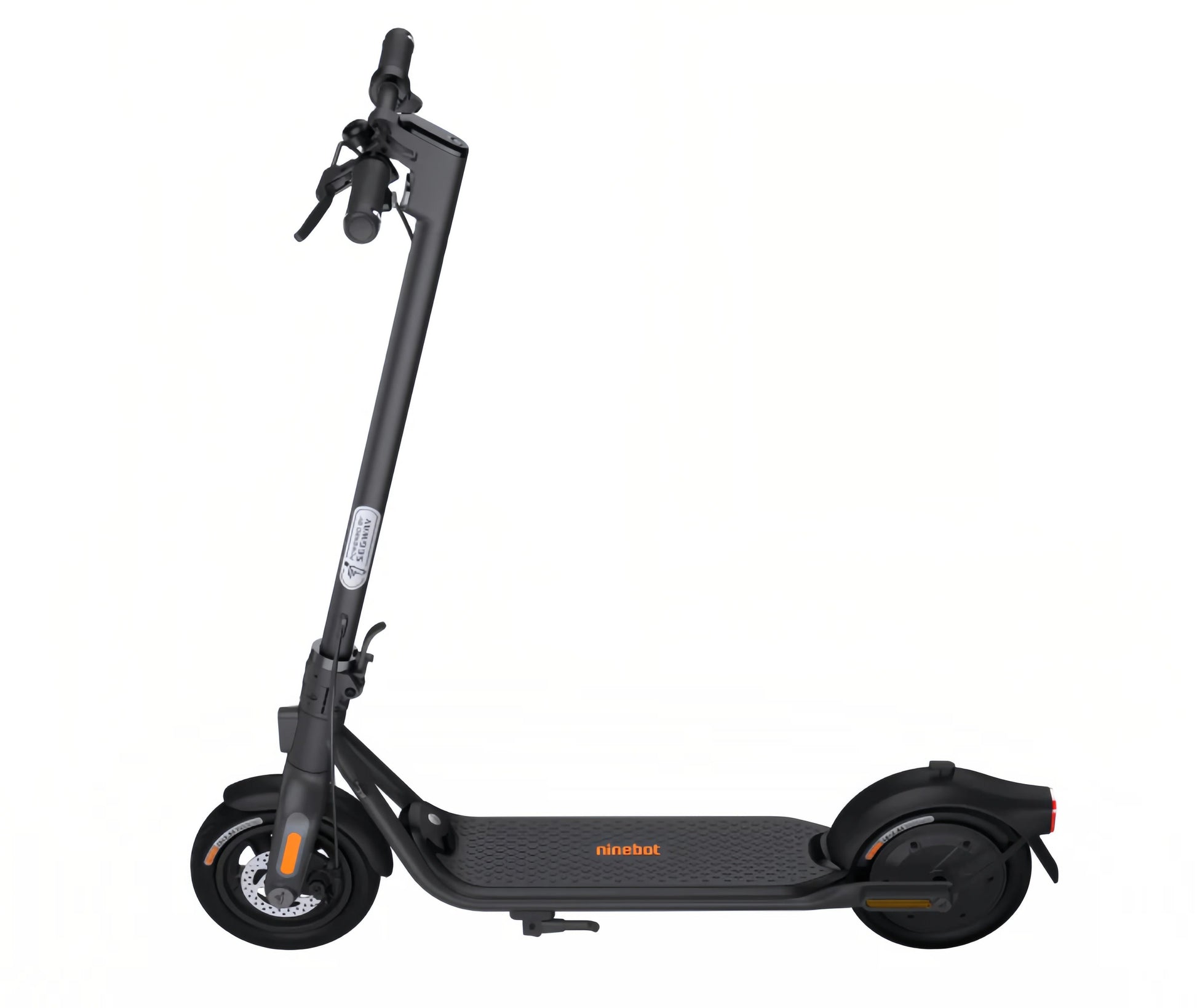 A full side view of the Segway F2 electric KickScooter, showcasing its sleek black frame, orange accents, and integrated safety reflectors.