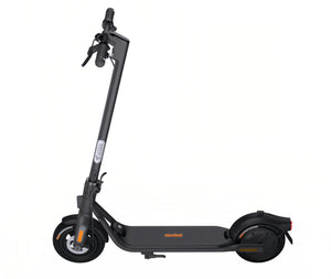 A full side view of the Segway F2 electric KickScooter, showcasing its sleek black frame, orange accents, and integrated safety reflectors.