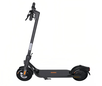 A full side view of the Segway F2 electric KickScooter, showcasing its sleek black frame, orange accents, and integrated safety reflectors.