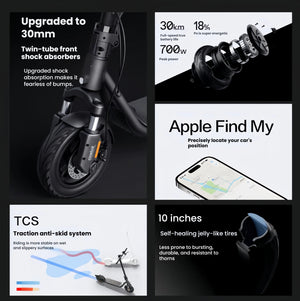 A collage of the Segway F2 KickScooter's key features, including its 30mm front shock absorbers, 700W peak power motor, Apple Find My compatibility, TCS anti-skid system, and 10-inch self-healing tires.