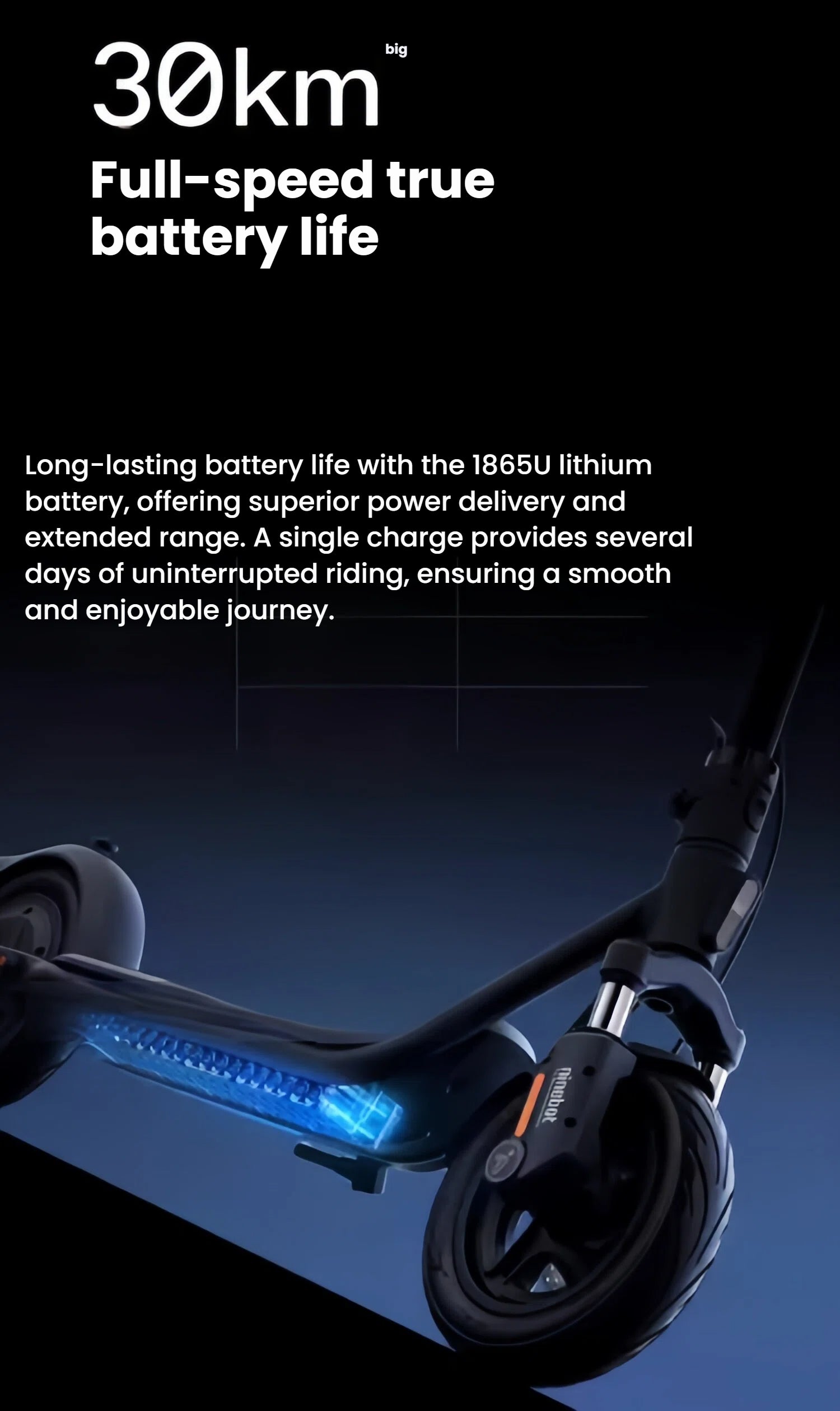 An illustration of the Segway F2 scooter's high-capacity 18650 lithium battery, highlighting its 30km full-speed true battery life for an uninterrupted journey.