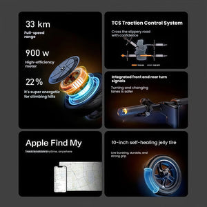 An overview of the key features of the Segway F2 Pro electric scooter, highlighting its 33km range, powerful 900W motor, TCS Traction Control, integrated turn signals, Apple Find My support, and 10-inch self-healing tires.