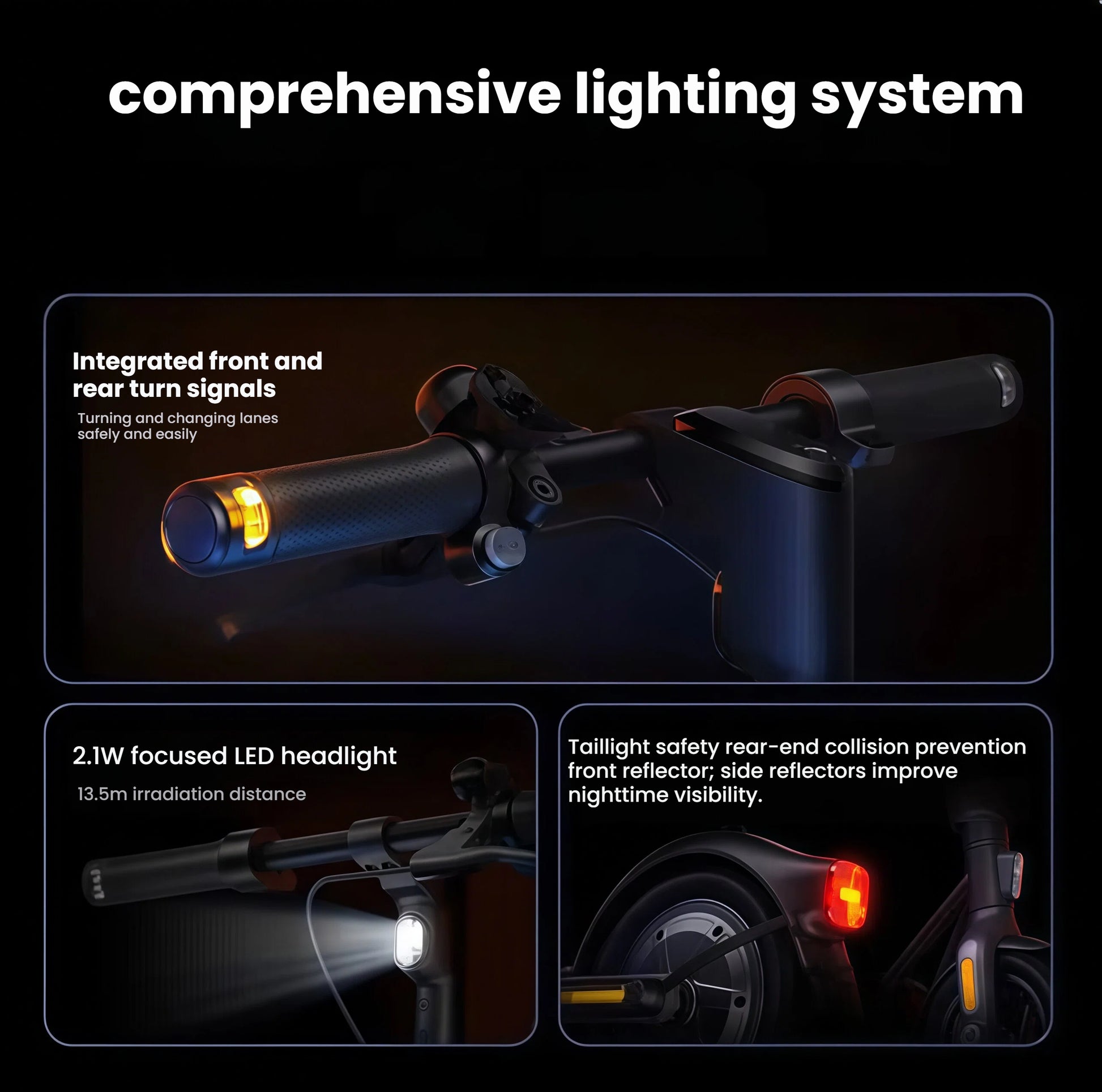 The comprehensive lighting system of the Segway F2 Pro, featuring integrated front and rear turn signals for safe lane changes, a bright 2.1W LED headlight, and a rear taillight with reflectors for nighttime visibility.