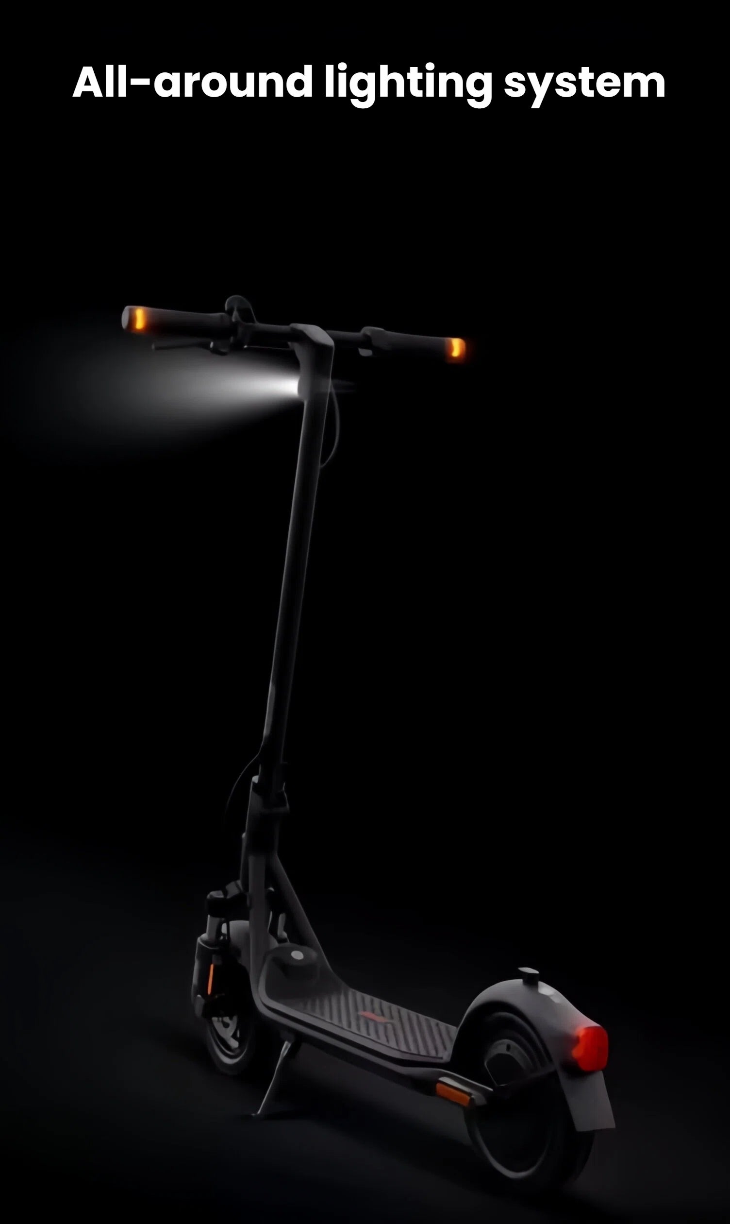 The Segway F2 KickScooter's all-around lighting system, featuring a bright front headlight, integrated turn signals on the handlebars, and a rear brake light for maximum visibility.