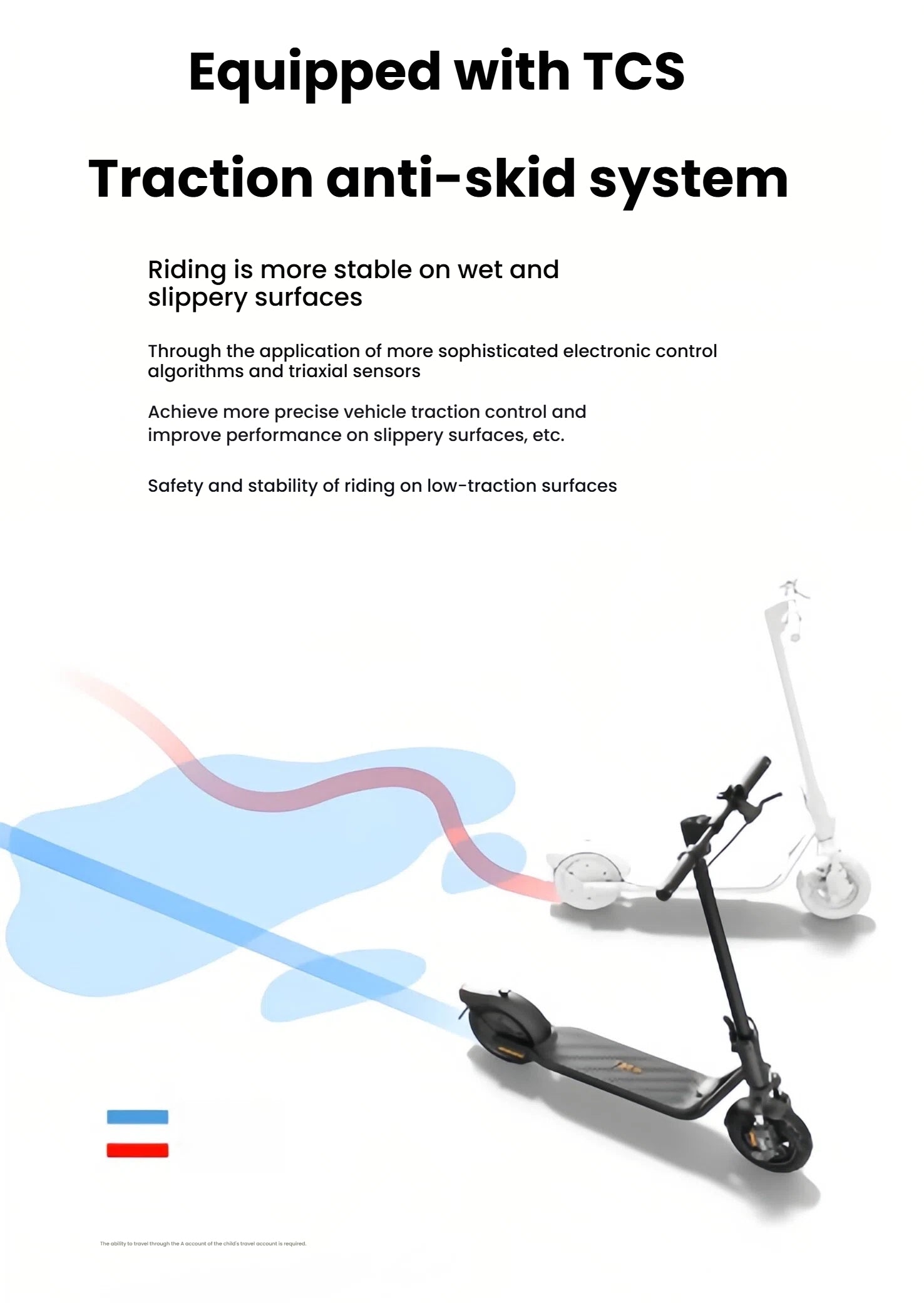 A diagram demonstrating the Segway F2's Traction Control System (TCS), which provides enhanced stability and safety when riding on wet or slippery surfaces.
