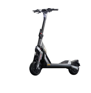 A front three-quarter view of the high-performance Segway GT1 Electric SuperScooter, showcasing its futuristic silver and black design.