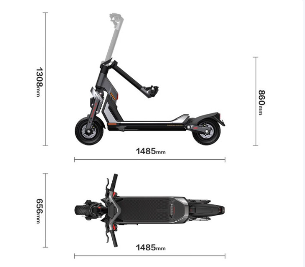 A diagram showing the precise product dimensions and specifications of the Segway GT1 Electric SuperScooter from both a side and top-down view.