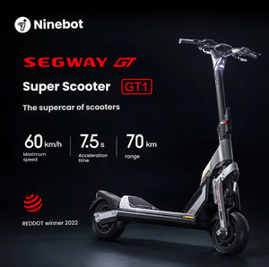 The award-winning Segway GT1 SuperScooter, marketed as the supercar of scooters, with key performance specs listed: 60 km/h maximum speed, 7.5-second acceleration, and a 70km range.