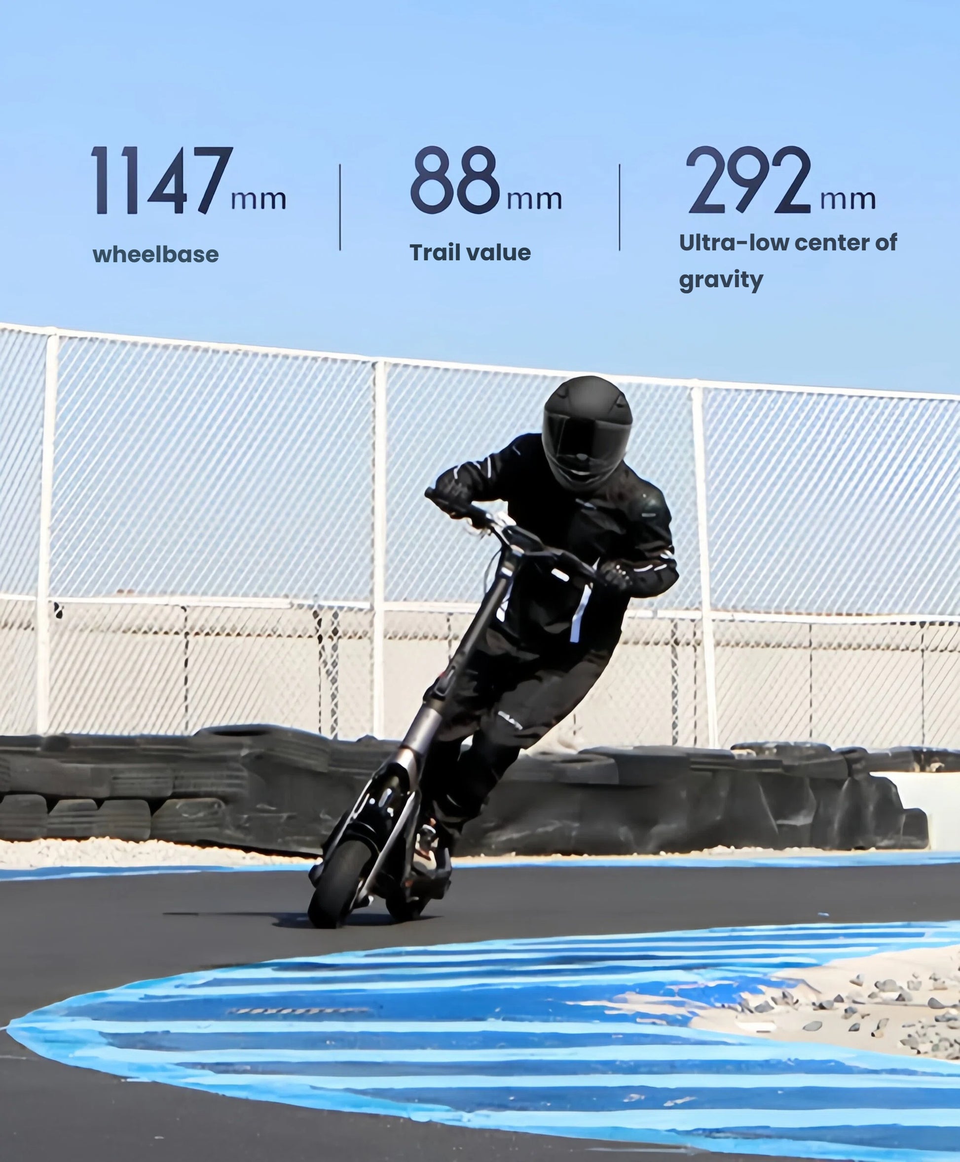 A rider in full gear expertly handling the Segway GT1 SuperScooter on a racetrack, with text highlighting its superior stability from a long wheelbase, optimal trail value, and ultra-low center of gravity.