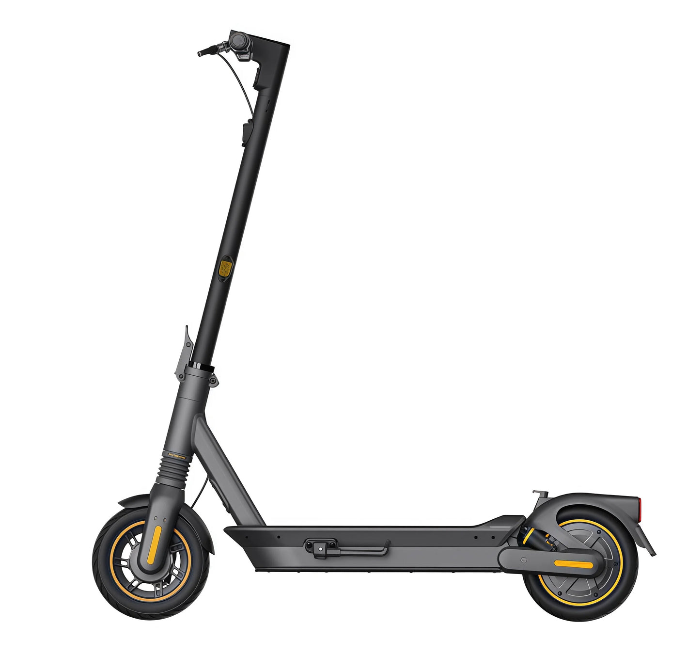 A sleek side profile view of the Segway KickScooter MAX G2 electric scooter, showcasing its modern design in black with yellow accents.