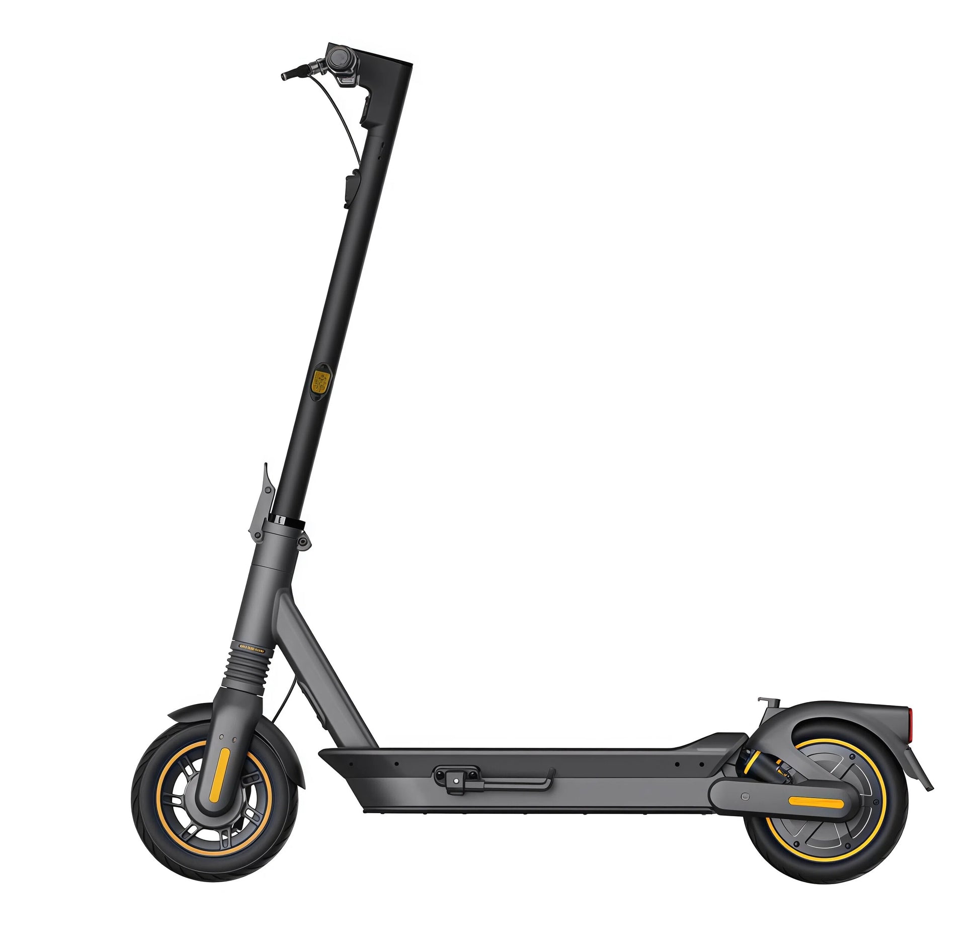 A sleek side profile view of the Segway KickScooter MAX G2 electric scooter, showcasing its modern design in black with yellow accents.