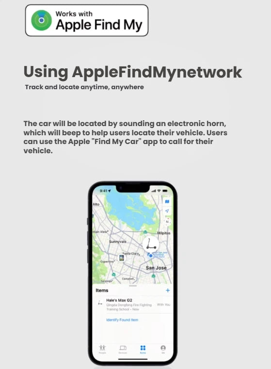 An illustration of the Segway MAX G2's smart tracking feature, showing its location on an iPhone via the integrated Apple Find My network for enhanced security.
