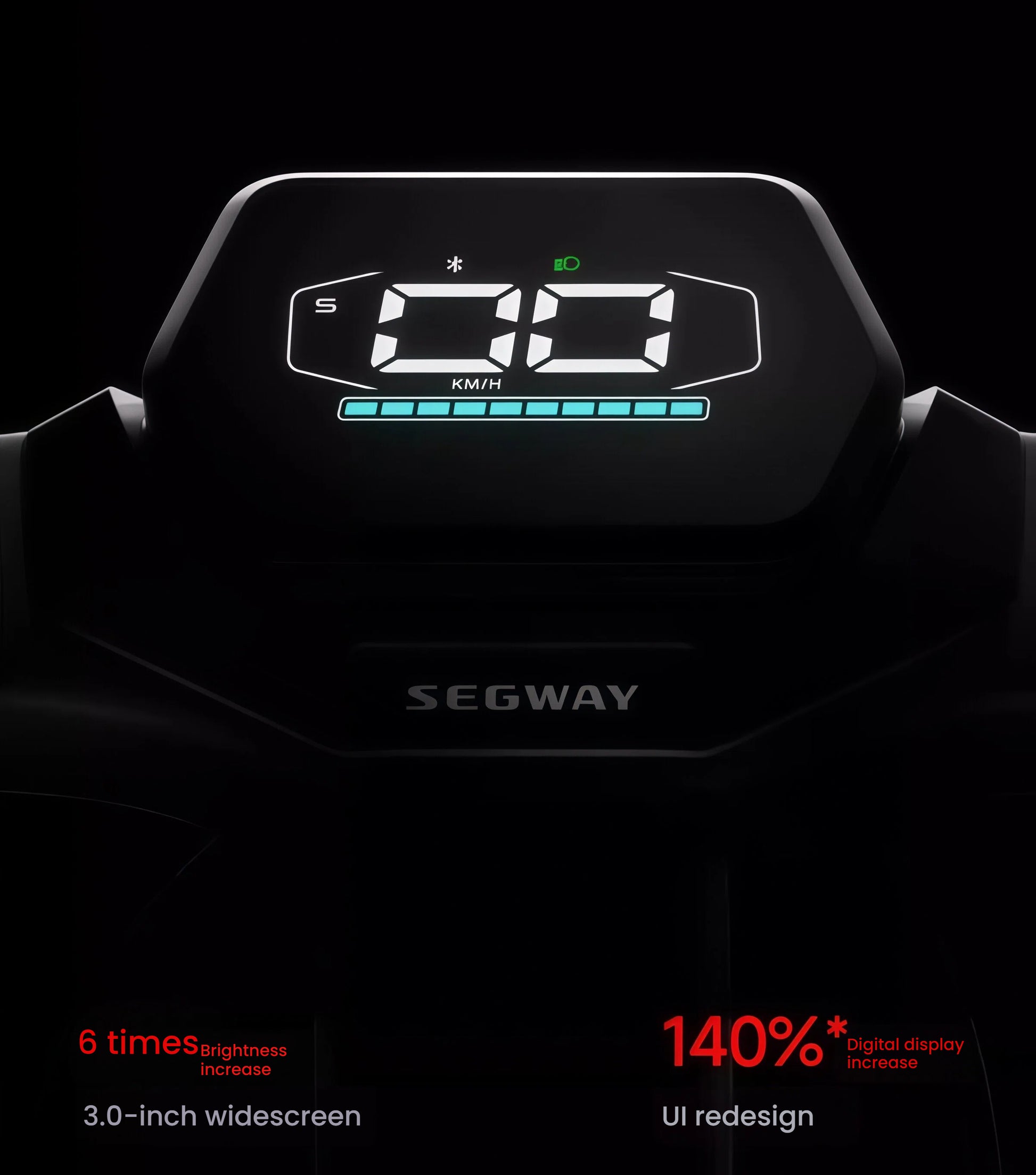 Close-up of the bright, redesigned 3.0-inch widescreen UI on the Segway ZT3 Pro KickScooter, clearly showing the speed, mode, and battery level.