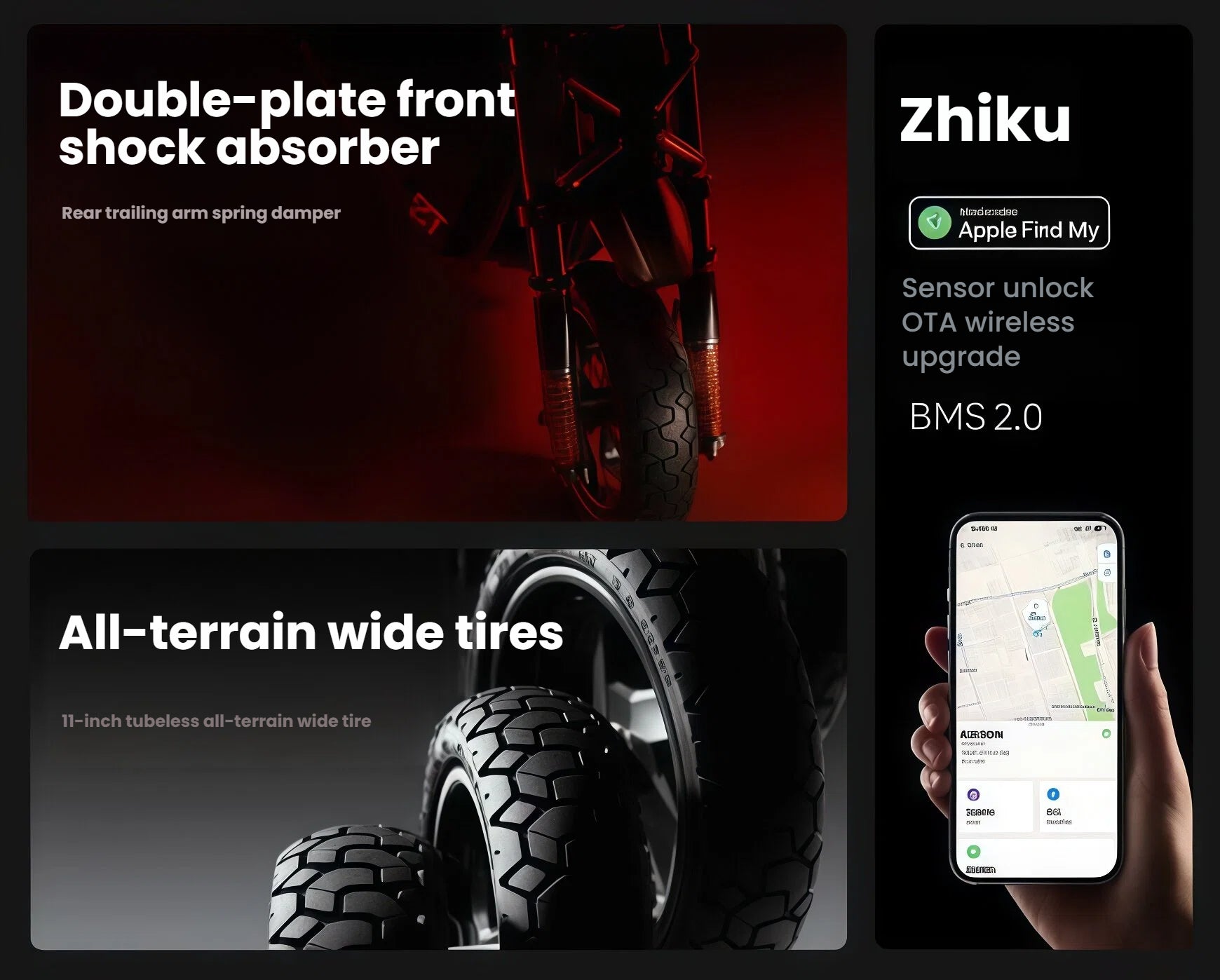 Features of the Segway ZT3 Pro, including the double-plate front shock absorber, 11-inch all-terrain tires, and smart connectivity with Apple Find My support.