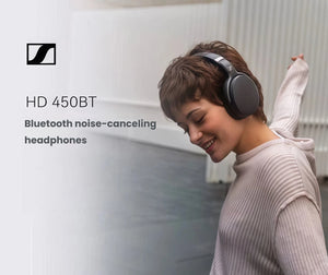 Woman wearing Sennheiser HD 450BT Bluetooth noise-canceling headphones outdoors, enjoying premium sound and comfort