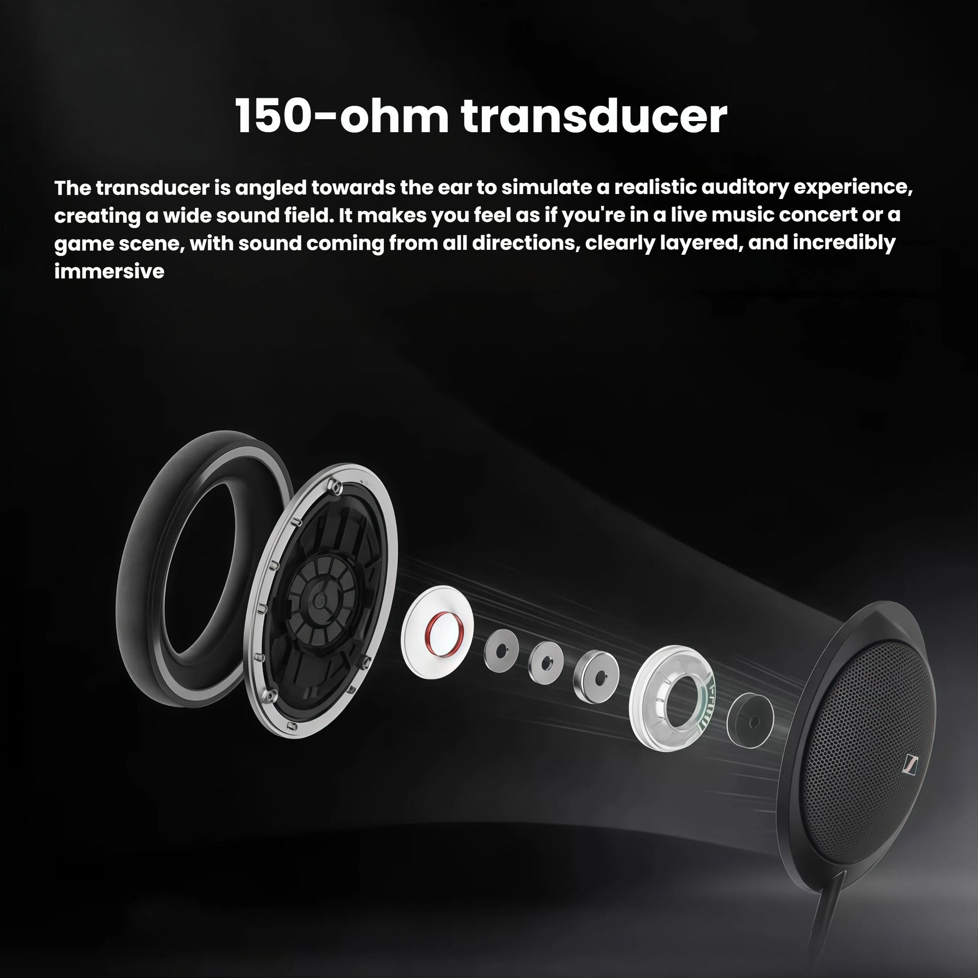 Exploded view of Sennheiser HD 550 headphone driver showing 150-ohm transducer angled toward the ear — creates wide sound field for realistic auditory experience in concerts or gaming.