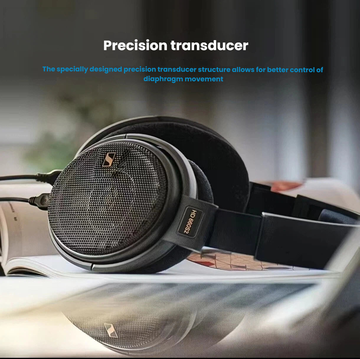Sennheiser HD 660 S2 headphones featuring a precision transducer structure that enhances control over diaphragm movement for superior sound clarity and detail.