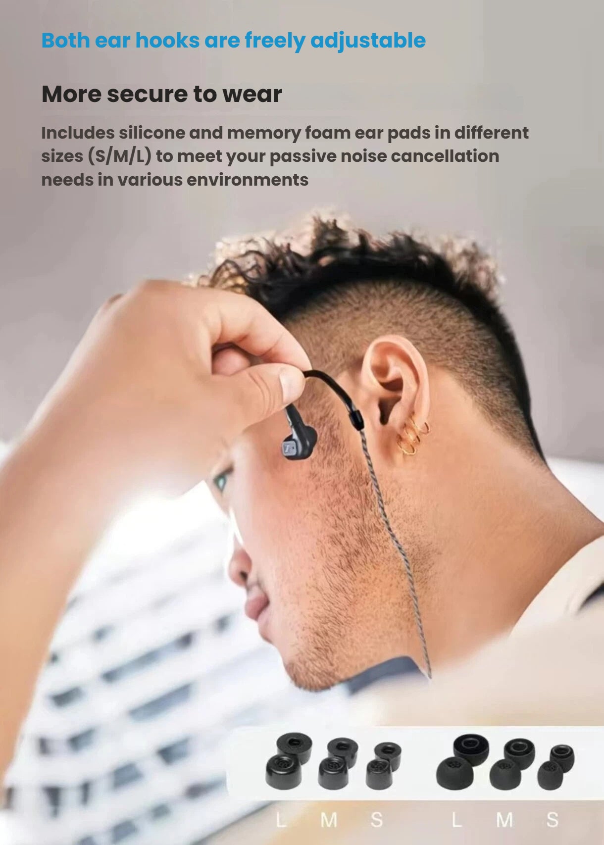 Man adjusting Sennheiser IE 200 earphones with over-the-ear hooks — includes silicone and memory foam ear tips (S/M/L) for enhanced passive noise isolation and secure fit.