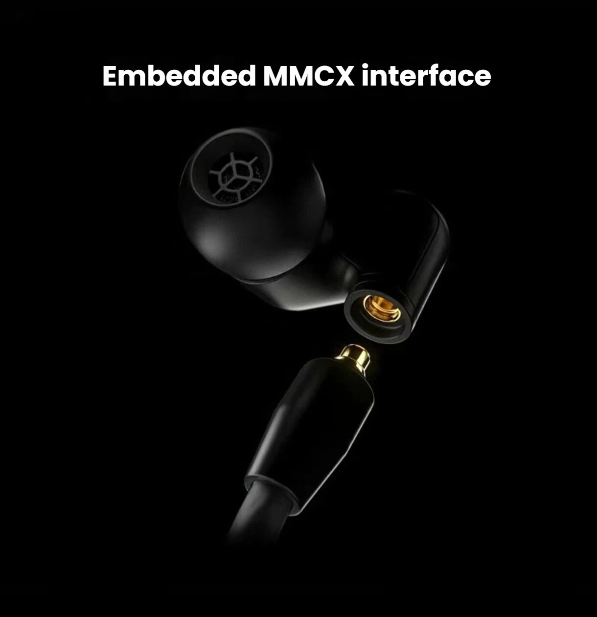 Close-up of the embedded MMCX interface on Sennheiser IE 200 earphones — gold-plated connector enables easy cable replacement and upgrade options.