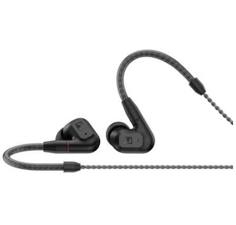 Side view of Sennheiser IE 200 in-ear headphones featuring a sleek black design and durable braided cable — ideal for audiophiles and daily use.