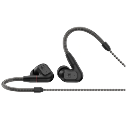 Side view of Sennheiser IE 200 in-ear headphones featuring a sleek black design and durable braided cable — ideal for audiophiles and daily use.