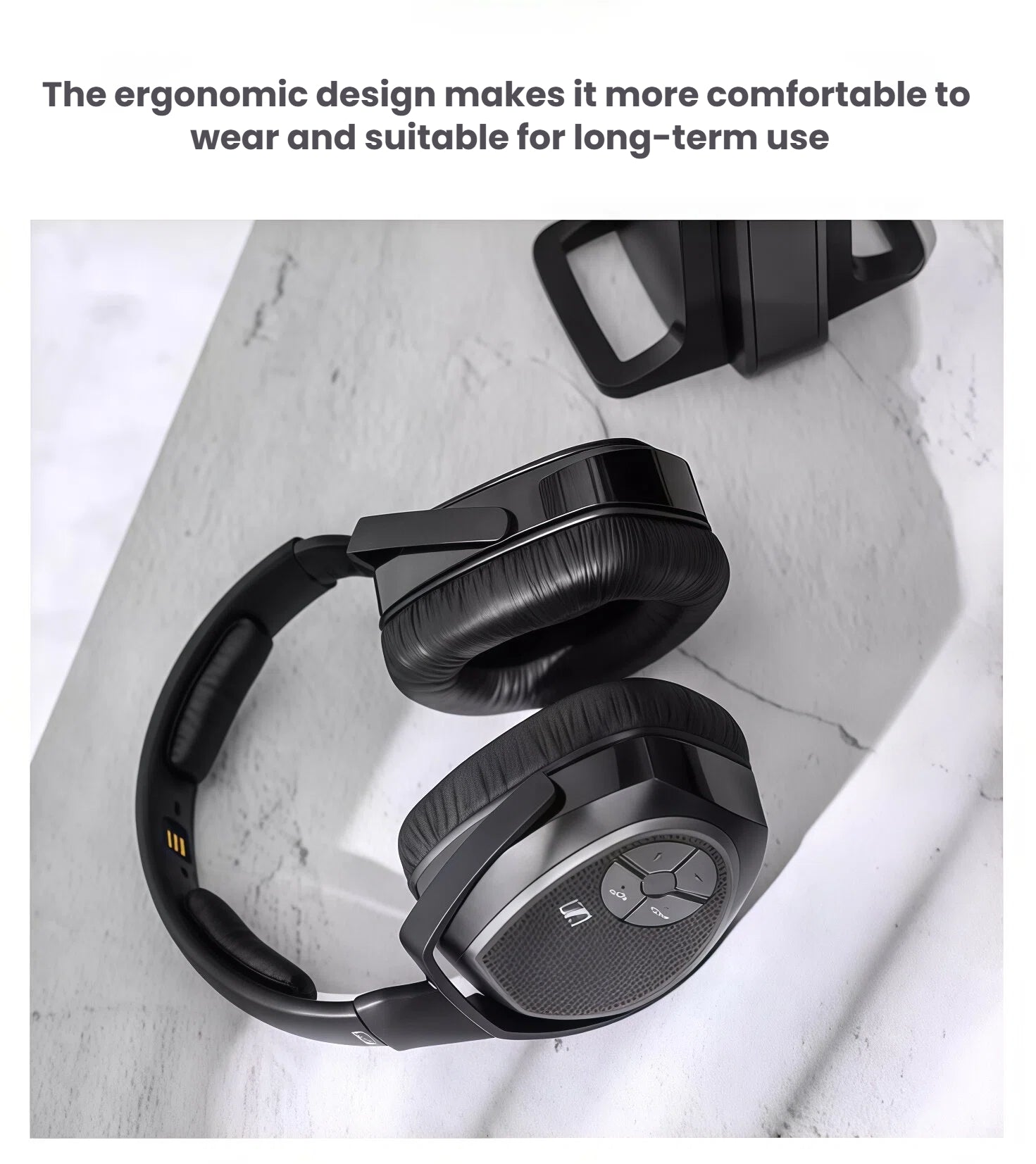 Close-up of Sennheiser RS175-U headphones showcasing ergonomic build with padded earcups and adjustable headband, ideal for extended listening sessions.