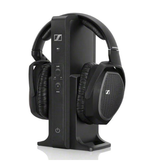 Sennheiser RS175-U wireless headphones displayed on the sleek black transmitter stand, featuring built-in charging and storage for premium audio convenience.
