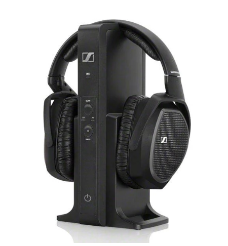 Sennheiser RS175-U wireless headphones displayed on the sleek black transmitter stand, featuring built-in charging and storage for premium audio convenience.