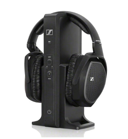 Sennheiser RS175-U wireless headphones displayed on the sleek black transmitter stand, featuring built-in charging and storage for premium audio convenience.