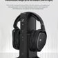 Sennheiser RS175-U wireless headphone system with long-range RF transmission up to 100 meters line-of-sight, supporting dual headphone connectivity and serving as a charging and display dock.