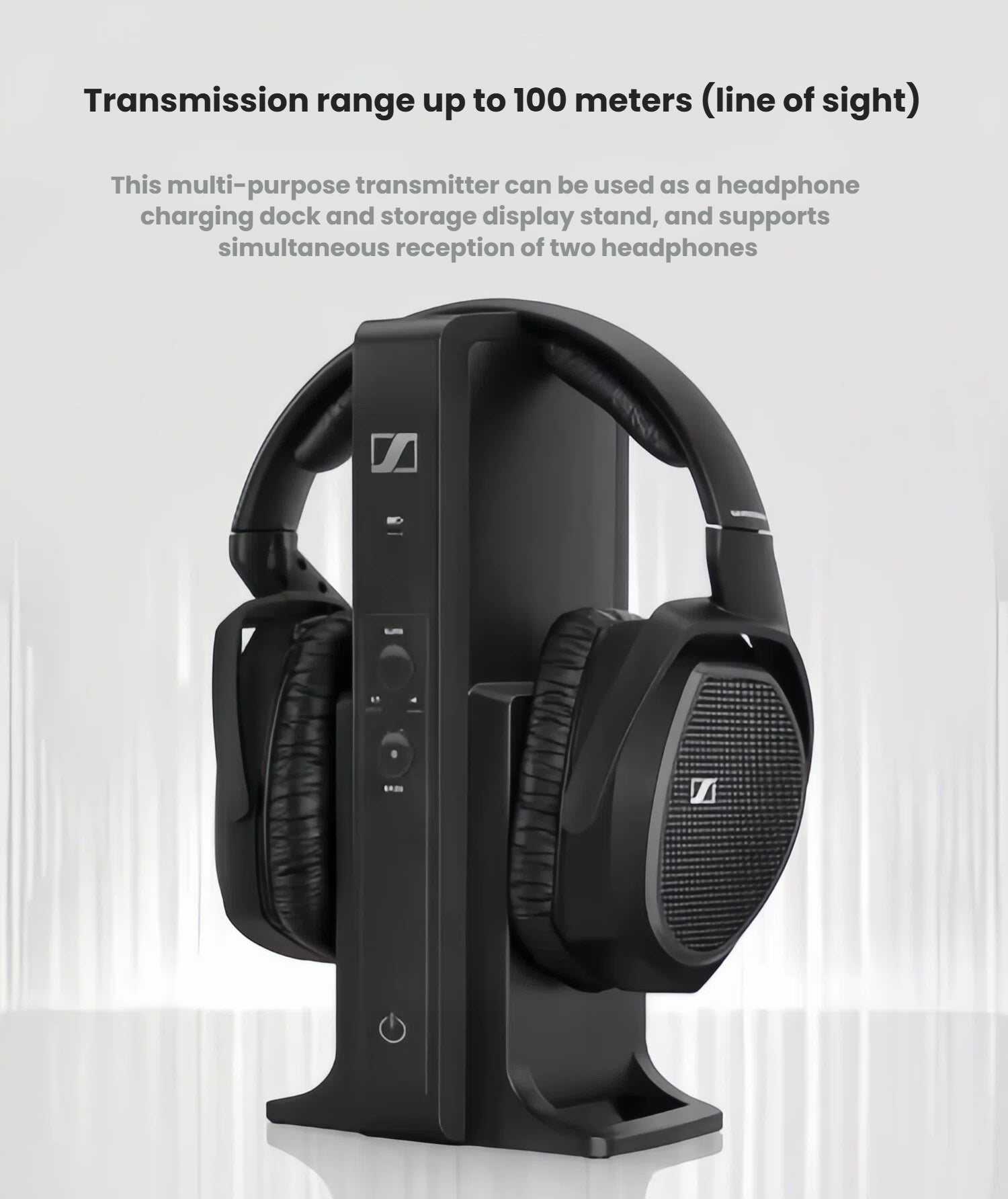 Sennheiser RS175-U wireless headphone system with long-range RF transmission up to 100 meters line-of-sight, supporting dual headphone connectivity and serving as a charging and display dock.